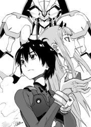  1boy bodysuit commentary_request darling_in_the_franxx female gloves greyscale hair_ornament hairband highres hiro_(darling_in_the_franxx) horns long_hair mecha monochrome mouth_hold oni_horns pilot_suit ressanpanda robot science_fiction signature strelizia zero_two_(darling_in_the_franxx) 