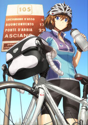  bicycle bicycle_helmet bike_jersey bike_shorts blue_eyes bottle brown_hair commentary_request cycling_uniform female helmet italian_text light_smile original photoshop_(medium) shima_udon short_hair sign solo water_bottle 