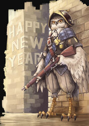  animal_focus antique_firearm badge belt bird brick_wall commentary english_text gun helmet holding holding_weapon kurio looking_at_viewer new_year no_humans original owl plaid solo weapon weapon_request 