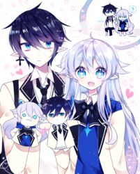  1boy :3 ? ahoge alternate_costume blue_eyes blue_hair ciel_(elsword) collared_shirt commentary demon_power_(elsword) earrings elsword female g_ieep heart hood hoodie horns jewelry long_hair luciela_r._sourcream mail necktie pointy_ears puppet ribbon school_uniform shirt short_hair smile sweatdrop symbol-only_commentary symbol-shaped_pupils twitter_username white_hair 