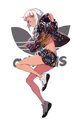  adidas aqua_eyes blunt_bangs clenched_hands dark-skinned_female dark_skin female full_body highres jacket looking_at_viewer looking_back non-web_source nora_(supernew) original shoes short_hair shorts simple_background sneakers solo supernew white_background white_hair 