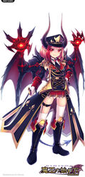  artist_name asymmetrical_legwear banned_artist belt black_footwear black_hat boots copyright_name demon_girl demon_horns demon_tail demon_wings epaulettes full_body hand_on_hip hat highres holding holding_sword holding_weapon horns kyara36 looking_at_viewer maou_no_hajimekata_(dmm) military military_uniform necktie official_art pink_hair pleated_skirt pointy_ears red_eyes red_skirt short_hair simple_background skirt smile solo standing sword tail thigh_strap thighhighs uniform watermark weapon white_background white_legwear wings 