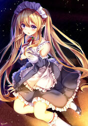  artist_name bison_cangshu brown_hair commentary_request dress elf female frills long_hair looking_at_viewer maid maid_headdress myucel_foalan outbreak_company photoshop_(medium) pointy_ears purple_eyes solo twintails 