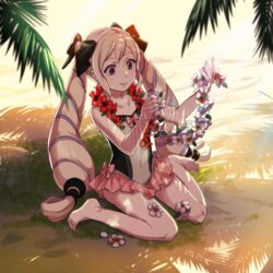  barefoot beach blonde_hair drill_hair elise_(fire_emblem_if) fire_emblem fire_emblem_if flower flower_necklace hairbow official_art sand shade smile swimsuit twin_drills 