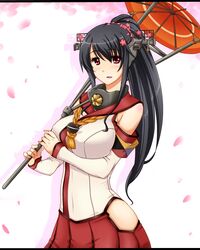  blush breasts commentary_request cosplay cowboy_shot female flower fusou_(kancolle) hair_flower hair_ornament headgear hip_vent kantai_collection kuon_(nokokopopo) large_breasts long_hair looking_at_viewer petals ponytail red_eyes solo umbrella yamato_(kancolle) yamato_(kancolle)_(cosplay) 