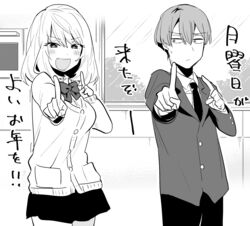  1boy assistant_(tejina_senpai) azu_(azu401) bad_id bad_twitter_id bow cardigan female greyscale highres index_finger_raised koi_dance monochrome necktie oerba_yun_fang open_mouth sanpaku school_uniform standing tejina_senpai tejina_senpai_(series) translated 