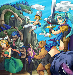  3boys 3girls :d :o ;) animal_ears aqua_eyes aqua_hair aqua_panties arm_up armpits arms_up ass_visible_through_thighs attack bald bare_shoulders barefoot battle belt belt_buckle black_gloves black_pantyhose black_thighhighs blonde_hair blue_belt blue_bow blue_bowtie blue_dress blue_eyes blue_gemstone blue_hair blue_leotard blue_pants blue_vest blush boots bow bowtie breasts brother_and_sister brown_belt brown_footwear buckle cape chasing circlet clenched_hands clenched_teeth cliff closed_mouth cloud colored_skin commentary_request constricted_pupils cosplay dark_skin day dragon dragon_quest dragon_quest_iii dress fake_animal_ears fake_tail feet flying_kick furrowed_brow gem gloves green_dress grey_shirt hair_between_eyes hair_ornament hair_tie hairband hairbow hairclip hand_on_own_hip hatsune_miku heart heroine_(dq3) holding holding_staff holding_sword holding_weapon hydra jester_(dq3) jester_(dq3)_(cosplay) kagamine_len kagamine_rin kicking knee_boots kurio leotard light_smile lips liquid_metal_slime_(dq) long_hair long_tongue looking_at_another mage_(dq3) mage_(dq3)_(cosplay) medium_breasts megurine_luka merchant_(dq3) merchant_(dq3)_(cosplay) missing_tooth monster multiple_boys multiple_girls multiple_heads muscular nose_blush one-eyed one_eye_closed open_clothes open_mouth open_vest orange_cape orange_gloves orange_skin outdoors panties pants pantyhose pantyshot pectorals playboy_bunny pointy_ears ponytail pose purple_cape purple_gemstone purple_hair rabbit_ears rabbit_tail red_eyes rock roto_(dq3) roto_(dq3)_(cosplay) running sash scared serious sharp_teeth shirt short_dress short_hair short_ponytail short_sleeves siblings sidelocks sky small_breasts smile soles spiked_hair spoken_heart spread_legs staff stepped_on strapless strapless_dress strapless_leotard striped_clothes striped_panties sweatdrop sword tail tears teeth thighhighs tongue tongue_out torn_clothes torn_pants torn_shirt troll troll_(dragon_quest) turban twins twintails underwear vest vocaloid walking_corpse_(dragon_quest) weapon white_bow white_hairband white_panties white_pants wide-eyed wrist_cuffs yamata_no_orochi_(dragon_quest) zombie 