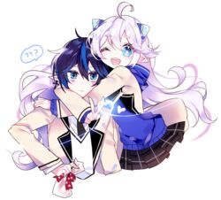  1boy ? ahoge alternate_costume blue_eyes blue_hair ciel_(elsword) collared_shirt commentary demon_power_(elsword) earrings elsword female g_ieep heart hood hoodie horns hug jewelry long_hair luciela_r._sourcream necktie one_eye_closed pointy_ears ribbon school_uniform shirt short_hair skirt smile sweatdrop symbol-only_commentary symbol-shaped_pupils v white_hair 