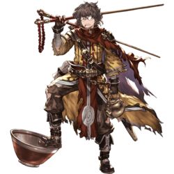  1boy bowl brown_hair cape chopsticks facial_hair full_body glasses goatee granblue_fantasy ippatsu kettle male_focus minaba_hideo moustache official_art short_hair solo torn_clothes transparent_background 