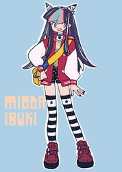  bad_id bad_pixiv_id bag black_hair blue_background character_name choker cone_hair_bun creepers danganronpa_(series) danganronpa_2:_goodbye_despair female fusion hair_bun hair_horns hand_on_own_hip jacket letterman_jacket long_hair mioda_ibuki multicolored_hair nail_polish open_mouth pikaro pink_eyes pink_hair shorts solo standing star_(symbol) striped_clothes striped_thighhighs thighhighs white_hair 