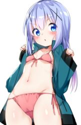  bad_id bad_pixiv_id bikini bikini_under_clothes blue_eyes blue_hair blue_jacket blush breasts cosplay duplicate eromanga_sensei female gochuumon_wa_usagi_desu_ka? hair_between_eyes hair_ornament hairclip hands_up izumi_sagiri izumi_sagiri_(cosplay) jacket kafuu_chino long_hair long_sleeves looking_at_viewer navel no_pants open_clothes open_jacket parody parted_lips pinching_sleeves pink_bikini pixel-perfect_duplicate side-tie_bikini_bottom simple_background sleeves_past_wrists small_breasts solo sweat swimsuit tousaki_shiina track_jacket very_long_hair white_background x_hair_ornament 