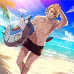  1boy abs arm_up beach beach_toy blonde_hair fire_emblem fire_emblem_if male_focus marx_(fire_emblem_if) nintendo ocean official_art pool_toy shirtless swim_trunks toned 