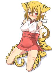  animal_ears animal_hands bare_shoulders blonde_hair blush breasts breasts_apart cat_girl collar commentary_request covered_nipples facial_mark female full_body kneeling looking_at_viewer medium_breasts original otoo_(izanagi) panties pantyshot pink_eyes short_hair sitting solo tail tiger_ears tiger_tail underwear white_background 