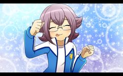  1boy blush closed_eyes cokata commentary_request dojikko_pose glasses inazuma_eleven_(series) inazuma_eleven_go inazuma_eleven_go_chrono_stone inazuma_eleven_go_galaxy jacket letterboxed lightning_bolt_symbol male_focus manabe_jin&#039;ichirou open_clothes open_jacket photoshop_(medium) purple_hair shinsei_inazuma_japan smile solo tongue tongue_out track_jacket 