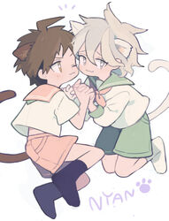  2boys :3 aged_down ahoge animal_ears bad_id bad_pixiv_id black_legwear brown_eyes brown_hair cat_ears cat_tail clothes_lift danganronpa_(series) danganronpa_2:_goodbye_despair grey_eyes hinata_hajime interlocked_fingers komaeda_nagito male_focus multiple_boys one_eye_closed pikaro sailor_collar shirt_lift short_hair shorts socks tail white_hair white_legwear 