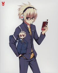  2boys absurdres amano_yuu blonde_hair chibi glasses headphones highres male_focus mondaiji-tachi_ga_isekai_kara_kuru_sou_desu_yo? multiple_boys official_art photoshop_(medium) purple_eyes sakamaki_izayoi smile 