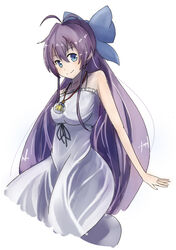  bad_id bad_pixiv_id blue_eyes commentary_request dress female hair_ribbon huseki jewelry long_hair looking_at_viewer pendant ponytail purple_hair ribbon ryuugajou_nanana ryuugajou_nanana_no_maizoukin simple_background solo very_long_hair white_background 