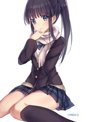  bad_id bad_pixiv_id between_legs black_hair black_jacket black_socks blue_eyes blue_neckwear blue_skirt blush female hand_between_legs jacket kneehighs long_hair long_sleeves miniskirt oninaart pleated_skirt ponytail scarf school_uniform simple_background sitting skirt smile socks solo sugiura_koharu white_album_(series) white_album_2 white_background white_scarf 