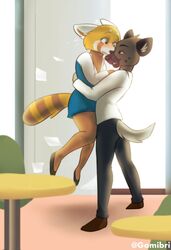  2018 absurd_res aggretsuko ailurid anthro ass clothed clothing digital_media_(artwork) duo eyelashes female fur gamibri haida_(aggretsuko) hi_res hyena male mammal red_panda retsuko sanrio simple_background spotted_hyena 