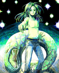  1boy boots colored_skin commentary_request evra_von green_eyes green_hair green_skin long_hair male_focus monster_boy outstretched_arm scales skn_nks smile snake solo star_(symbol) the_saga_of_darren_shan topless_male 