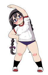  akemi_homura black_hair blush braid breasts buruma commentary_request fat female full_body glasses gym_uniform hair_ribbon hairband hand_on_own_hip highres long_hair mahou_shoujo_madoka_magica mahou_shoujo_madoka_magica_(anime) medium_breasts plump purple_eyes red-framed_eyewear ribbon shoes simple_background solo spoilers standing stretching twin_braids twintails uwabaki white_background yoshino_norihito 