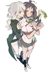  2girls ahoge bad_id bad_pixiv_id blue_eyes blush bondage bondage boots bound bound_wrists brown_hair camisole danganronpa_(series) danganronpa_2:_goodbye_despair femdom genderswap_(mtf) green_eyes hinata_hajime hood kneehighs komaeda_nagito leg_between_thighs long_coat long_hair looking_at_another looking_at_viewer multiple_girls necktie pikaro pleated_skirt rope rule_63 shirt shoes short_hair shorts skirt sneakers socks standing t-shirt thighhighs tongue unbuttoned white_background white_hair white_legwear yuri 