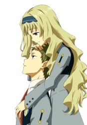  1boy alternate_hairstyle behind_another blonde_hair blue_eyes brown_hair commentary_request couple cowboy_shot darling_in_the_franxx female from_side green_eyes grey_jacket grey_skirt hachi_kou hairband hand_on_another&#039;s_chest hand_on_another&#039;s_head jacket kokoro_(darling_in_the_franxx) long_hair long_sleeves looking_at_another looking_down looking_up mitsuru_(darling_in_the_franxx) parted_lips school_uniform shirt simple_background skirt smile standing straight upper_body very_long_hair white_background white_shirt 