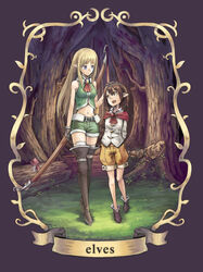  2girls age_difference arms_behind_back blonde_hair blue_eyes boots bow_(weapon) brown_hair commentary_request elf english_text forest gloves grass hand_on_another&#039;s_head highres kurio lolicon long_hair looking_at_another midriff multiple_girls mushroom nature navel original pointy_ears shirt short_hair shorts sleeveless sleeveless_shirt staff thigh_boots thighhighs tree weapon yellow_eyes 