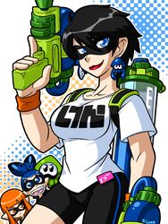  1boy 2girls :d alternate_species bayonetta bayonetta_(series) bayonetta_2 bike_shorts black_hair blue_eyes blue_hair breasts clothes_writing commentary_request company_connection domino_mask dual_wielding earrings fangs heart heart-shaped_pupils holding ink_tank_(splatoon) inkling inkling_boy inkling_girl inkling_player_character jewelry large_breasts lipstick logo looking_at_viewer makeup mask monster_boy monster_girl multiple_girls open_mouth orange_eyes orange_hair pointy_ears ponytail robert_j_case shirt short_hair smile splatoon_(series) splatoon_1 splattershot_(splatoon) squid super_smash_bros. super_soaker symbol-shaped_pupils tentacle_hair water_gun white_shirt wristband 