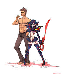  barefoot black_hair boots breasts cigarette crossover darren_geers elbow_gloves facial_hair female fight_club gloves height_difference highres horns kill_la_kill matoi_ryuuko medium_breasts microskirt multicolored_hair navel pants red_hair revealing_clothes scissor_blade senketsu shirtless signature skirt stubble suspenders thigh_boots thighhighs two-tone_hair tyler_durden underboob 