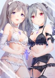  2girls arm_ribbon artist_name bandaged_arm bandages black_bra black_panties black_thighhighs black_vs_white blush bow bow_panties bra breasts choker cleavage commentary_request cowboy_shot cross cross_necklace drill_hair garter_belt glowing glowing_cross grey_hair hairbow highres idolmaster idolmaster_cinderella_girls idolmaster_shiny_colors jewelry kanzaki_ranko kinako_(shiratama_mochi) latin_cross light_brown_hair long_hair looking_at_viewer medium_breasts multiple_girls necklace open_mouth panties pink_eyes purple_eyes ribbon sidelocks signature simple_background smile thighhighs twin_drills twitter_username underwear underwear_only white_bra white_panties white_thighhighs yukoku_kiriko 