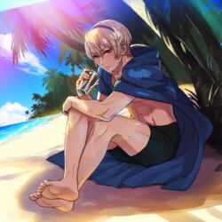  barefoot beach blonde_hair cup drinking_glass fire_emblem fire_emblem_if hairband leon_(fire_emblem_if) nintendo ocean official_art palm_tree shirtless sitting swim_trunks 