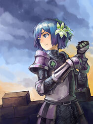  armor belt blue_eyes blue_hair breastplate brick_wall chainmail commentary couter cuirass faulds female flower gauntlets hair_flower hair_ornament hands_up kurio layered_armor looking_afar original pauldrons plate_armor short_hair shoulder_armor sky solo spade_(shape) 