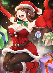  absurdres adahcm arms_up belt blush boku_no_hero_academia boots breasts brown_hair closed_eyes commentary_request female gloves hat highres large_breasts open_mouth pantyhose photoshop_(medium) santa_boots santa_costume santa_gloves santa_hat short_hair sky solo star_(sky) starry_sky uraraka_ochako 