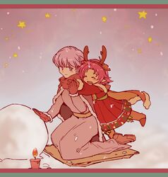  2girls al_sy antlers bad_id bad_twitter_id boots brown_gloves candle cape closed_eyes closed_mouth commentary_request dress fae_(fire_emblem) fae_(winter)_(fire_emblem) fire_emblem fire_emblem:_the_binding_blade fire_emblem_heroes fur_trim gloves horns hug hug_from_behind kneeling long_sleeves looking_back multiple_girls open_mouth pointy_ears purple_hair reindeer_antlers scarf short_hair snowball snowing sophia_(fire_emblem) star_(symbol) 