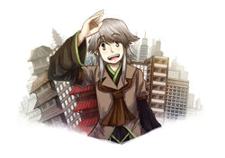  1other androgynous bow brown_coat building coat commentary_request grey_eyes grey_hair houlen_yabusame len&#039;en medium_hair open_mouth other_focus short_hair sidelocks skyscraper smile solo yamanoskk 