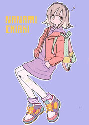  backpack bad_id bad_pixiv_id bag character_name cross danganronpa_(series) danganronpa_2:_goodbye_despair dress expressionless female hairband hands_in_pockets hood jacket leather leather_jacket nanami_chiaki pantyhose pikaro pouch purple_background shoes short_hair silver_hair sneakers socks solo striped_clothes striped_socks studded_hairband white_legwear yellow_eyes 