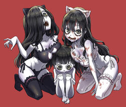  1boy 2girls :d alternate_costume animal_ears barefoot between_legs black_hair black_panties blood blood_in_mouth blood_on_clothes blood_on_face blunt_bangs blush bowl_cut breast_press breast_rest breasts breasts_on_head bridal_garter cat_cutout cat_ear_panties cat_ears cat_lingerie cleavage cleavage_cutout clothing_cutout collarbone colored_skin commentary_request crossover fake_animal_ears frilled_legwear frills full_body green_eyes grey_skin hair_between_eyes hair_over_one_eye hand_between_legs ju-on kneeling large_breasts long_hair looking_at_viewer looking_down meme_attire mother_and_son multiple_girls navel no_shoes open_mouth palms panties photoshop_(medium) red_background saeki_kayako saeki_toshio side-tie_panties sitting smile stomach taniguchi_seima the_grudge the_ring thighhighs trait_connection underwear underwear_only very_long_hair wavy_hair white_legwear yamamura_sadako 