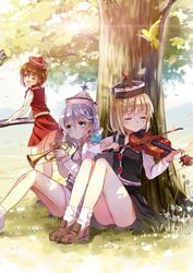  3girls bird blonde_hair blue_eyes bow_(music) brown_hair closed_eyes commentary_request flower hat instrument jiji_(381134808) keyboard_(instrument) long_sleeves lunasa_prismriver lyrica_prismriver merlin_prismriver multiple_girls music one_eye_closed petals playing_instrument shirt siblings sisters sitting skirt skirt_set smile standing touhou tree trumpet vest violin white_hair 