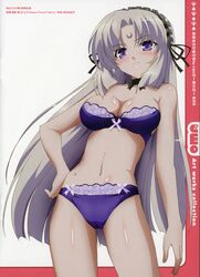  absurdres blush bow bow_bra bow_panties bra breasts choker cleavage cover dvd_cover facial_mark female forehead_mark grey_hair hairband highres isono_satoshi jinguuji_kuesu large_breasts lingerie lolita_hairband long_hair navel official_art omamori_himari panties purple_bra purple_eyes purple_panties ribbon_choker scan solo stomach strapless strapless_bra underwear underwear_only very_long_hair 