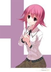  black_necktie brown_pants chaos;child copyright_name dress_shirt female hair_between_eyes highres long_hair long_sleeves looking_at_viewer necktie official_art onoe_serika page_number pants pink_hair red_eyes shirt sitting smile tears white_shirt 