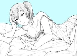  aqua_theme bad_id bad_pixiv_id bed blue_theme commentary english_commentary female jewelry kaga_(kancolle) kantai_collection lying monochrome nightgown ring short_hair side_ponytail solo wangphing wedding_ring 