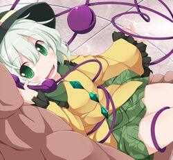  1boy carrying commentary_request female green_eyes hat heart komeiji_koishi nikku_(ra) phone princess_carry short_hair solo_focus third_eye touhou white_hair 