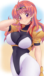  :3 ahoge arm_behind_head black_leotard blush breasts charlotte_hasting closed_mouth commentary_request covered_navel cowboy_shot diamond_(shape) earrings eyebrows female gloves hair_intakes hairband hand_up highleg highleg_leotard highres jewelry kihaiu large_breasts leotard long_hair looking_at_viewer orange_hair orange_hairband pantyhose puffy_short_sleeves puffy_sleeves purple_eyes short_sleeves solo standing super_robot_wars super_robot_wars_v underbust white_pantyhose yellow_gloves 