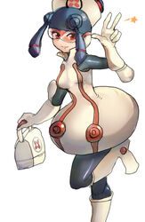  bag black_hair black_legwear bodysuit boots breasts byte_(grunty-hag1) elbow_gloves female gloves hand_gesture handbag hat holding holding_bag kneeboots looking_at_viewer looking_to_the_side medi netnavi nurse nurse_cap one_leg_raised red_eyes rockman rockman_exe simple_background smile solo white_background white_footwear white_gloves 