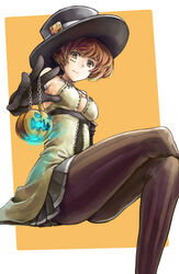  brown_eyes brown_hair chains commentary_request crossed_legs dress elbow_gloves female gloves glowing hat jack-o&#039;-lantern kurio looking_at_viewer original pantyhose pleated_skirt simple_background sitting skirt solo striped_clothes striped_pantyhose underbust 