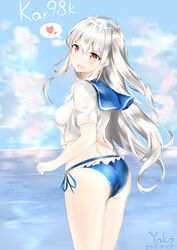  artist_name bikini bikini_bottom_only blue_bikini blush breasts character_name commentary_request crop_top crop_top_overhang day female floating_hair from_side girls&#039;_frontline hair_between_eyes heart highres kar98k_(girls&#039;_frontline) long_hair looking_at_viewer looking_back medium_breasts ocean open_mouth outdoors red_eyes school_uniform see-through serafuku short_sleeves side-tie_bikini_bottom signature smile solo spoken_heart swimsuit white_hair yoko_(yang-tzu) 