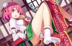  :o arm_support bandages bun_cover chair commentary_request cuffs double_bun female flower hair_bun ibaraki_kasen looking_at_viewer mikan_(bananoha) open_mouth panties pantyshot pink_eyes pink_flower pink_hair pink_rose puffy_sleeves rose shackles shirt short_sleeves sitting skirt solo tabard touhou underwear upskirt white_panties 