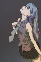  aqua_eyes aqua_hair commentary_request female grey_shirt hatsune_miku highres kurio long_hair looking_up necktie no_detached_sleeves pleated_skirt shirt simple_background skirt sleeveless sleeveless_shirt solo teardrop twintails vocaloid 