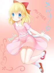  blonde_hair blue_eyes blush bow character_name commentary_request copyright_name dress female highres jumping legs long_dress mary_janes mother_(game) mother_2 paula_(mother_2) photoshop_(medium) pink_dress ribbon setona_(daice) shoes short_hair smile socks solo wind wind_lift 